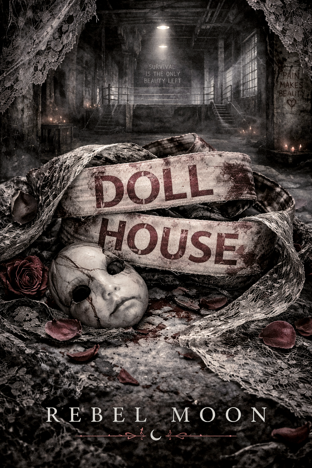 A worn, eerie scene inside an abandoned building with a broken doll's head, rose petals, and a sign that reads 'DOLL HOUSE', with text on the wall that says 'Survival is the only beauty left', and the title 'Rebel Moon' at the bottom.