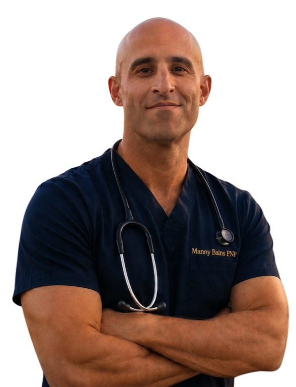 A confident male healthcare professional with a stethoscope around his neck, wearing navy scrubs with a name tag that reads 'Manny Bains FNP', standing with arms crossed.