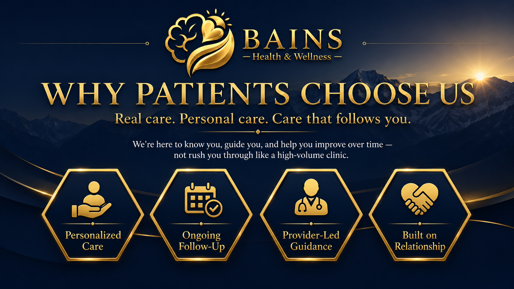 A promotional graphic for Bains Health & Wellness features a mountain landscape with a sunrise. It highlights reasons to choose their care, including personalized care, ongoing follow-up, provider-led guidance, and building relationships.