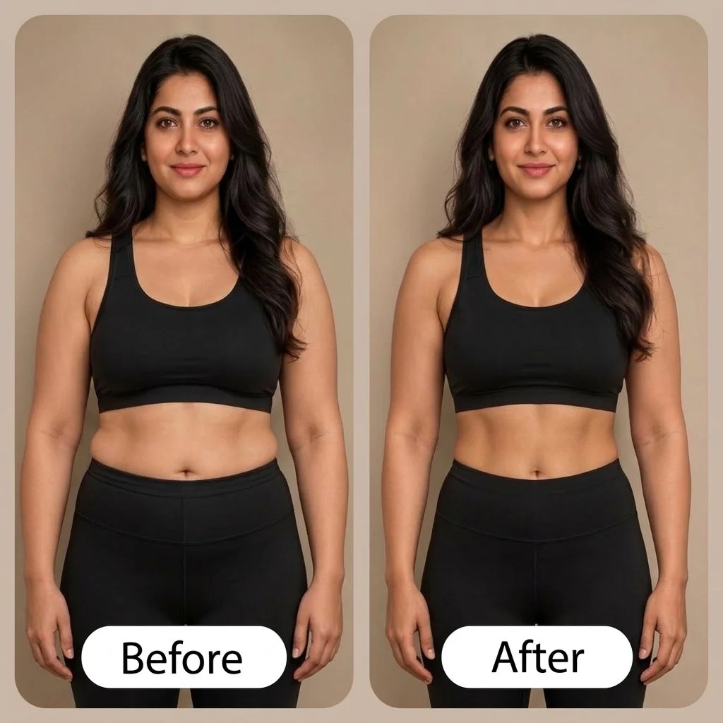 Side-by-side comparison of a woman before and after weight loss, showing a slimmer physique in the 'after' photo, both wearing black workout top and pants, against a beige background.