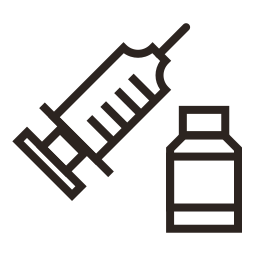 Medical syringe, pill bottle with a medical cross, and tablets.