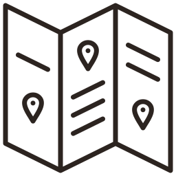 Icon of a folded map with location markers and lines indicating routes or text.
