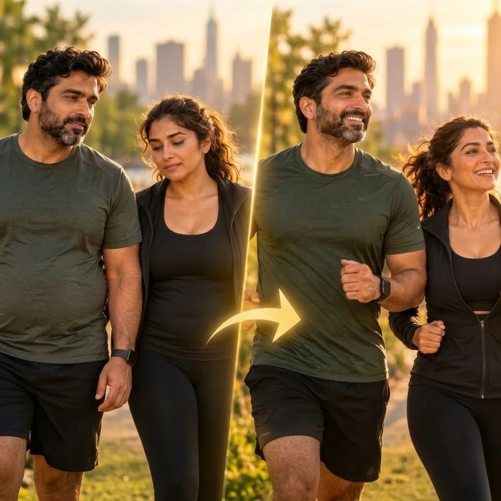 A group of four people, two men and two women, walking outdoors in a park during sunset, showcasing a before and after fitness transformation.