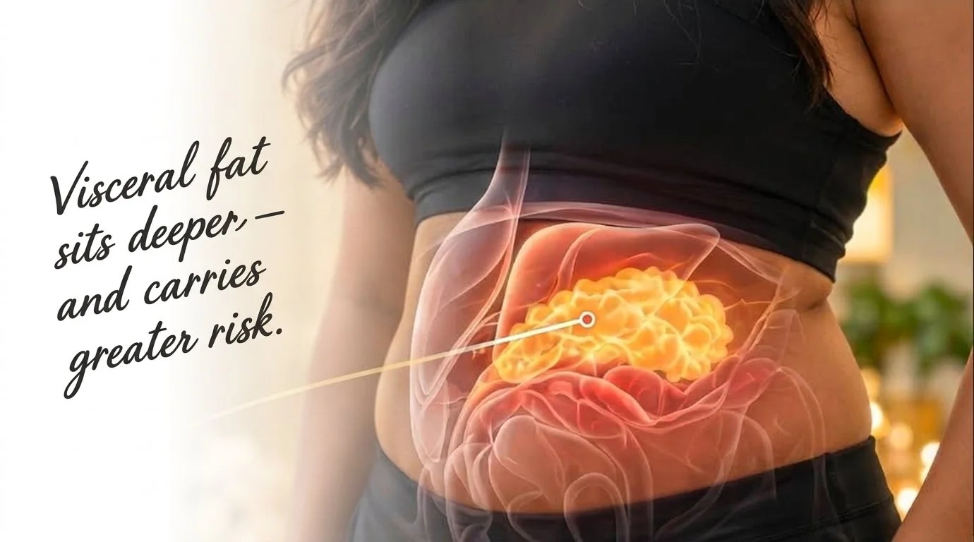 A woman with long dark hair wearing a black top and black pants, showing an illustration of visceral fat deep inside her abdomen, with a caption about the risks of visceral fat.