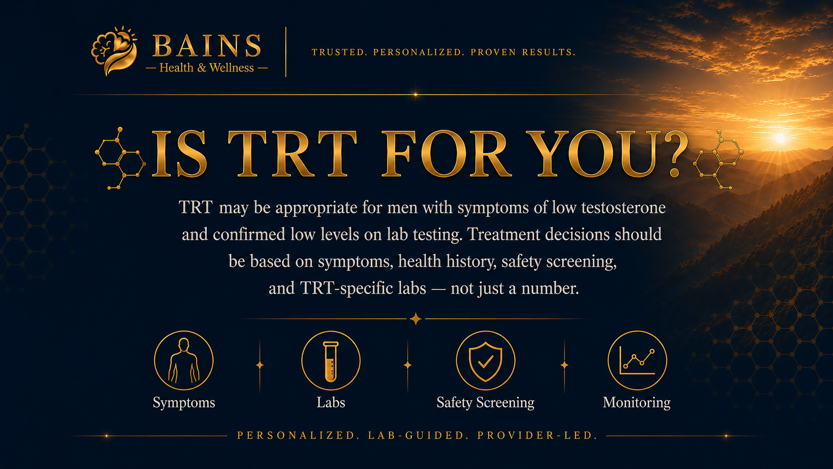 Advertisement for Bains Health & Wellness, discussing Testosterone Replacement Therapy (TRT). The ad asks, 'Is TRT for you?' and explains it may be appropriate for men with low testosterone symptoms and confirmed low levels through lab testing. The ad emphasizes treatment decisions should consider symptoms, health history, safety screening, and TRT-specific labs. It features icons labeled Symptoms, Labs, Safety Screening, and Monitoring, with a sunset over mountains in the background.