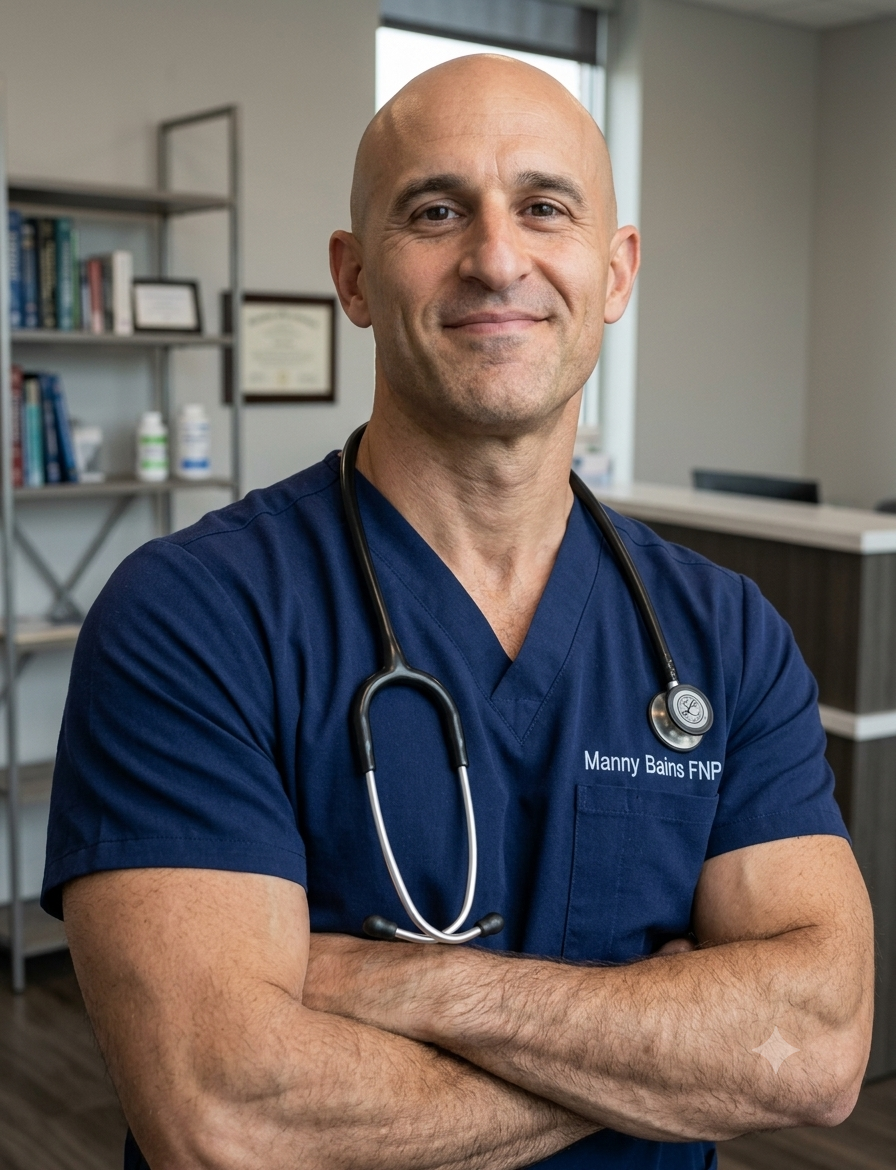 A male healthcare professional with a stethoscope around his neck, wearing dark blue scrubs with the name "Manny Bains FNP" embroidered on it, smiling confidently inside a medical office.