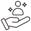 Icon of a person with crossed arms, wearing a mask and glasses, with a hand underneath as if supporting or presenting.