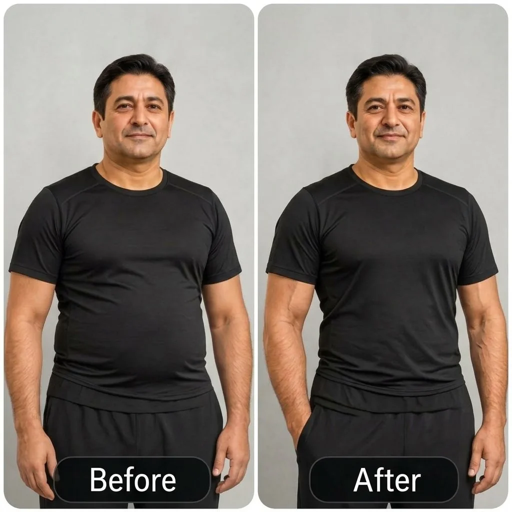 Side-by-side comparison of a man before and after a fitness transformation, wearing black athletic clothing, with visible weight loss and improved physique.