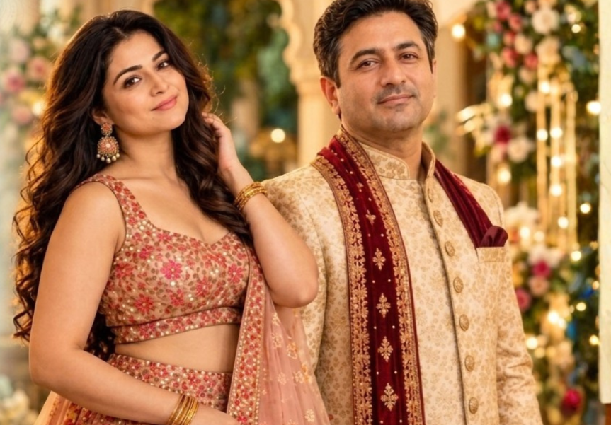 A man and woman dressed in traditional Indian wedding attire, standing close together at a decorated celebration.
