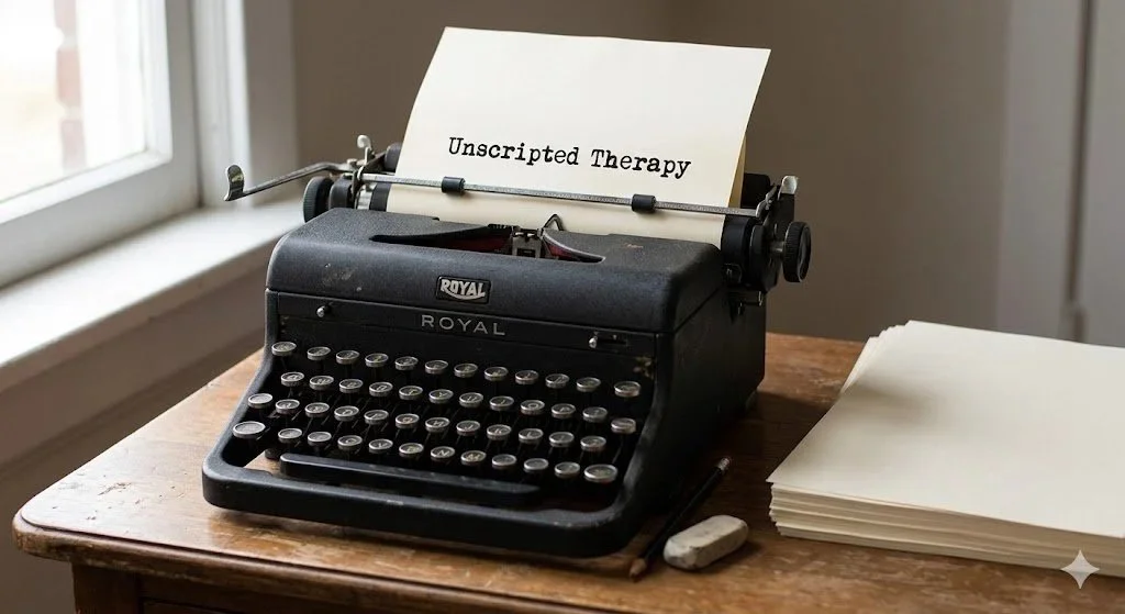 Vintage black typewriter with a sheet of paper that reads 'Unscripted Therapy' on a wooden table next to a stack of blank papers, with a window in the background.