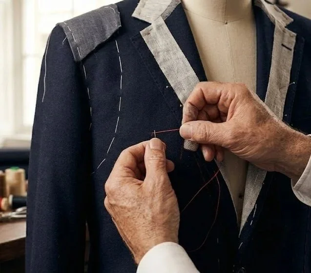 A tailor sewing a button onto a dark blue blazer on a mannequin.