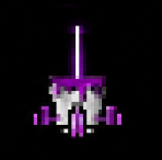 Pixel art illustration of a unicorn with purple and black colors standing in front of a purple background.