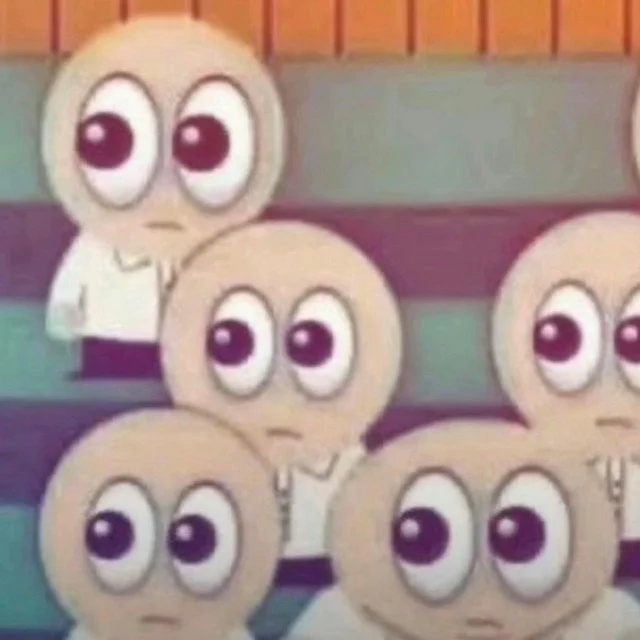 Cartoon characters with large eyes and neutral expressions sitting on bleachers.