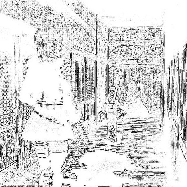 Two girls walking down a hallway in a building, with one girl in the foreground and another in the background. The hallway has doors or windows along the sides and a large bell-shaped object at the end.