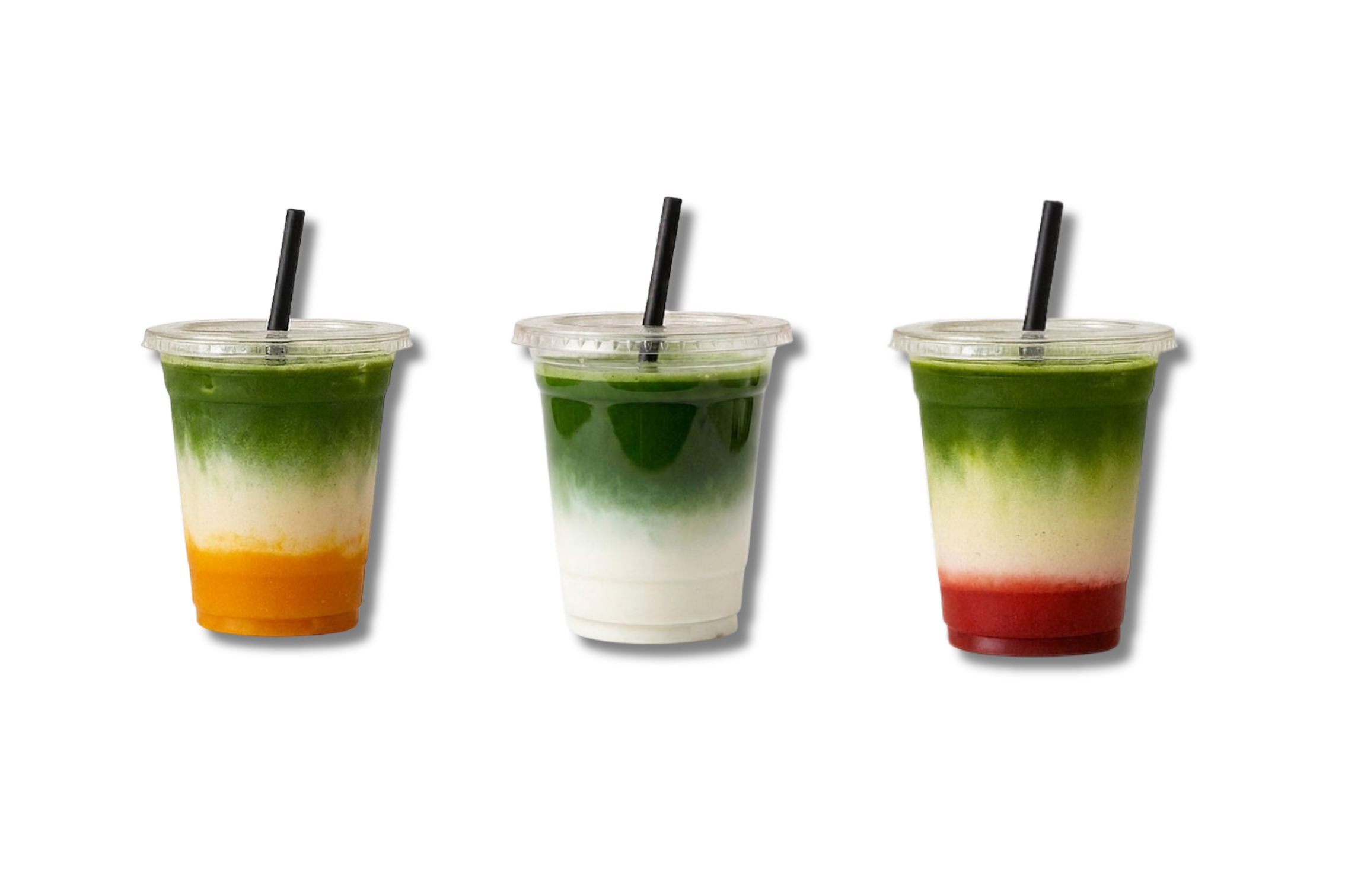 Drei transparenten Becher mit farbigen Getränken und schwarzen Strohhalmen, auf schwarzem Hintergrund.