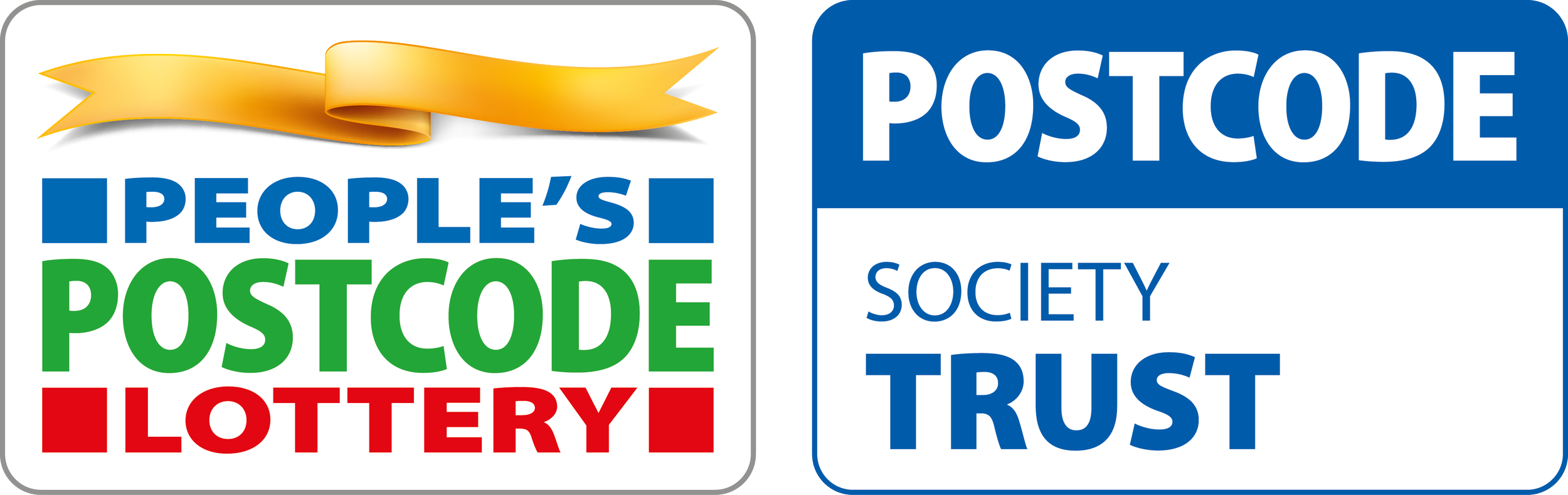 Logo of People’s Postcode Lottery with a gold ribbon at the top, colorful text saying 'PEOPLE'S POSTCODE LOTTERY' and a section with a blue background and white text reading 'POSTCODE SOCIETY TRUST'.