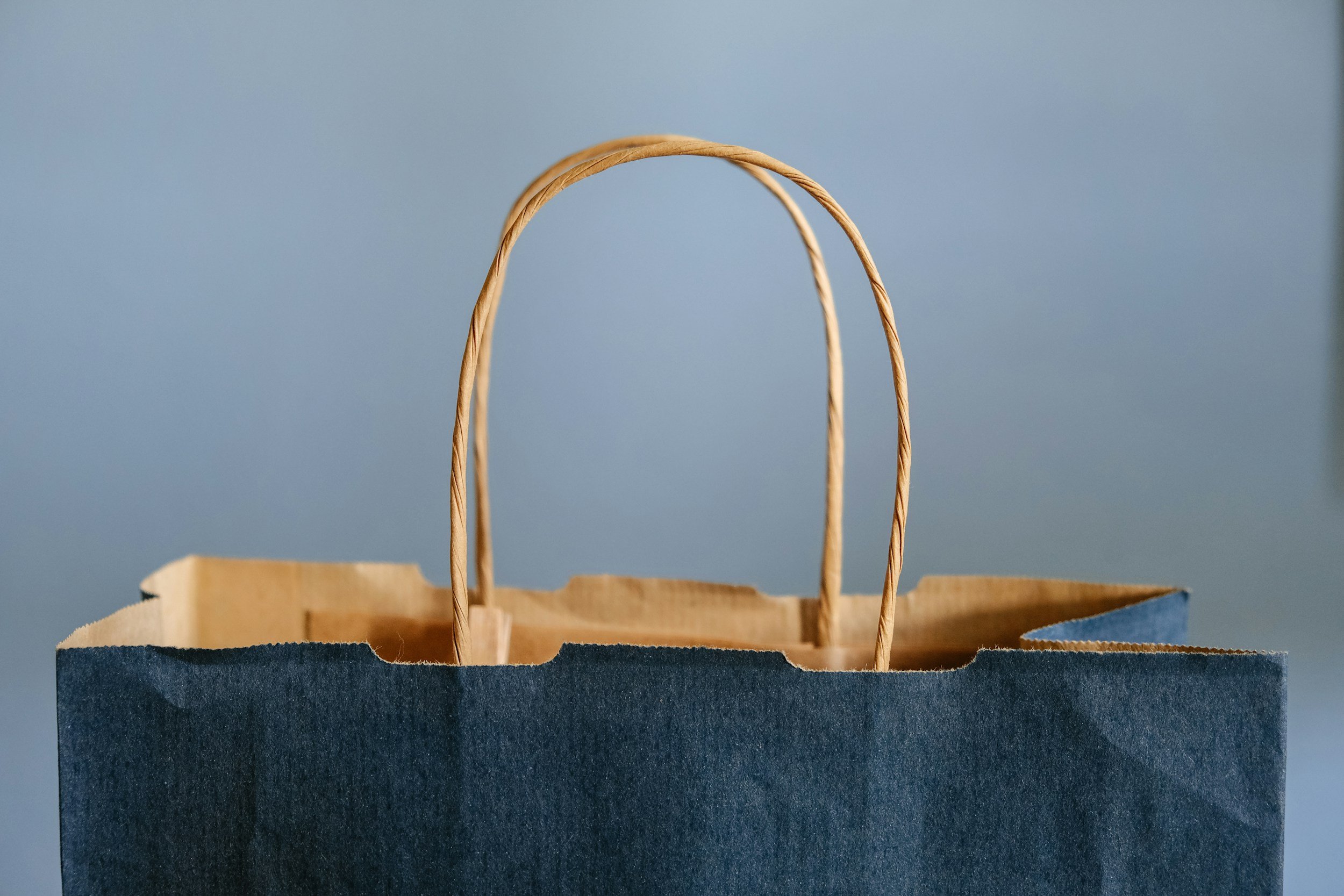 A paper shopping bag with twisted paper handles against a plain background.