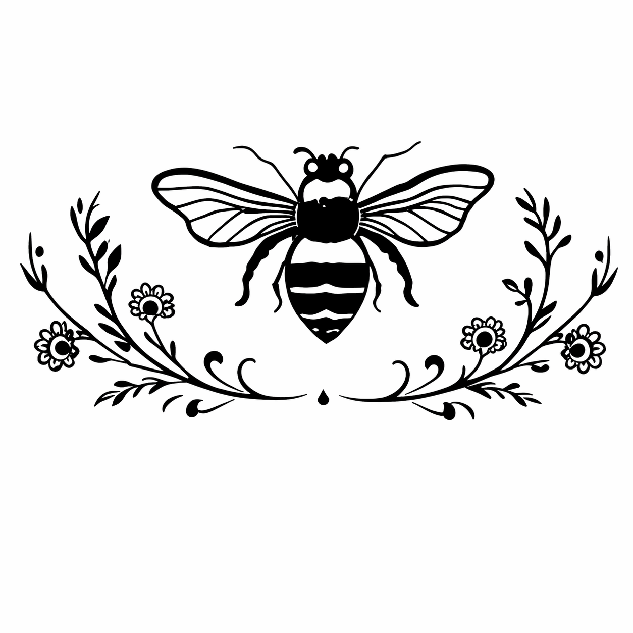 Black and white illustration of a bee with floral accents. The Wase & the Wildflowers bee and floral logo.