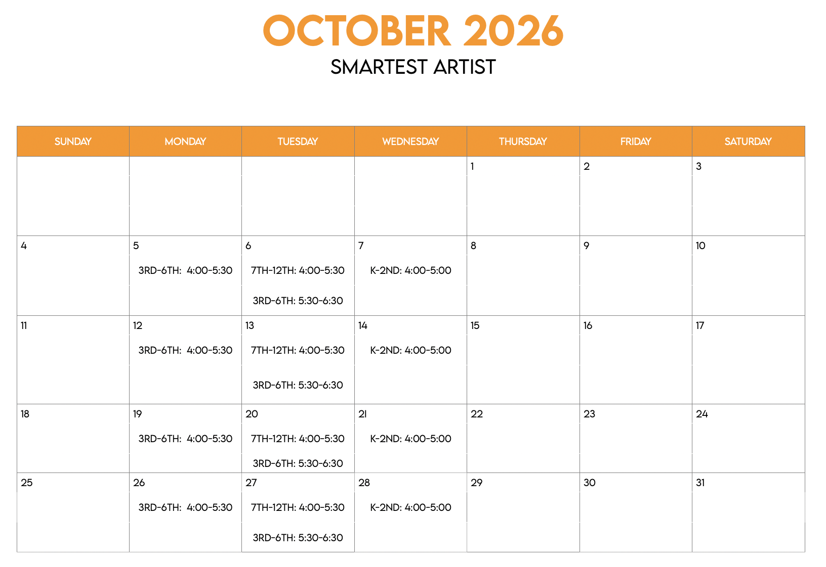 October 2026 calendar showing class schedules for a children's art program, with sessions for different age groups on specific days and times.