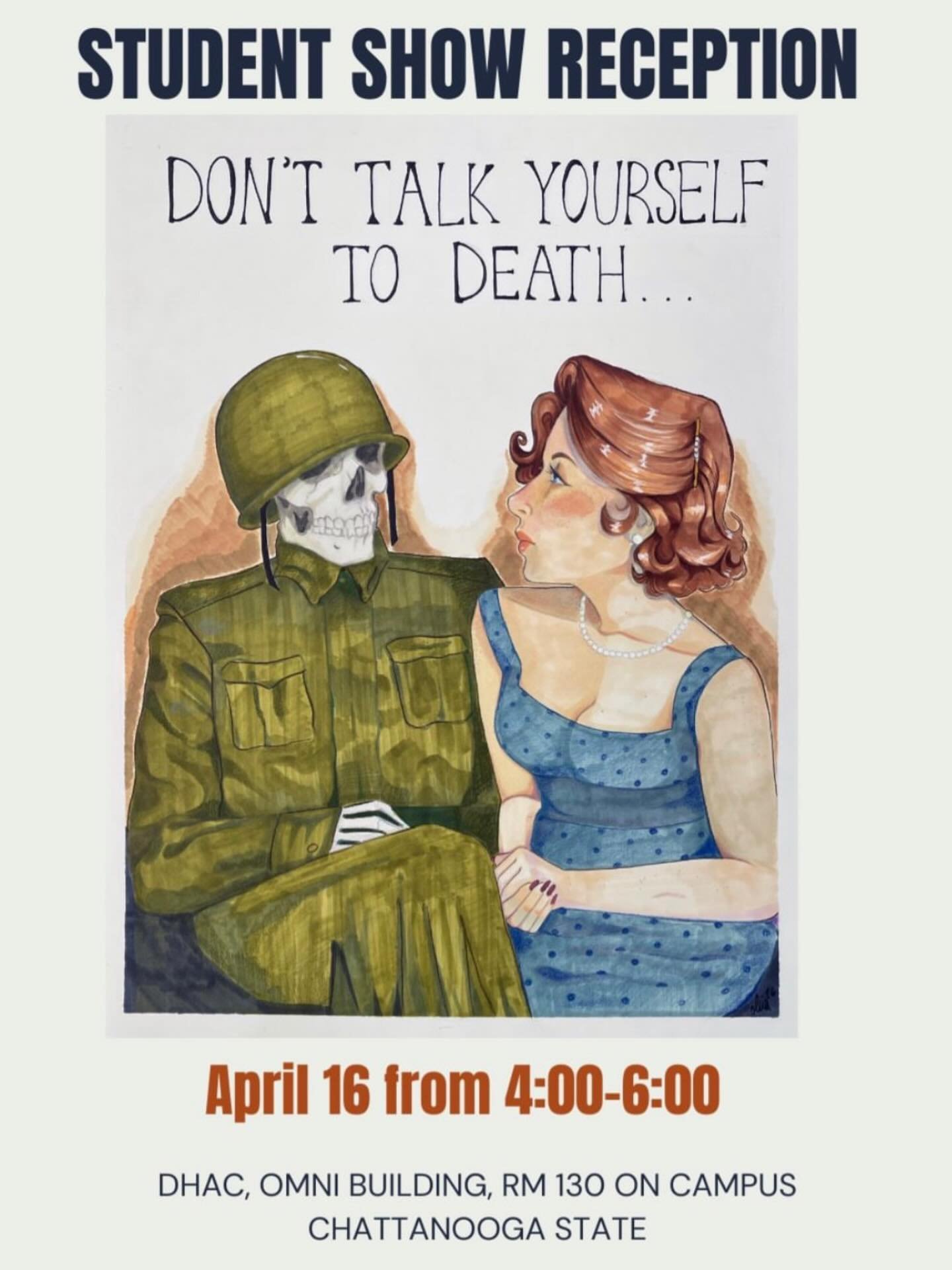 Come see the student show! The reception is TODAY at 4 PM, and the exhibition stays up through 4/24.

This piece is by my Drawing II student Olivia Fowler, created for her interpellation project, where students had to make either an advertisement or 