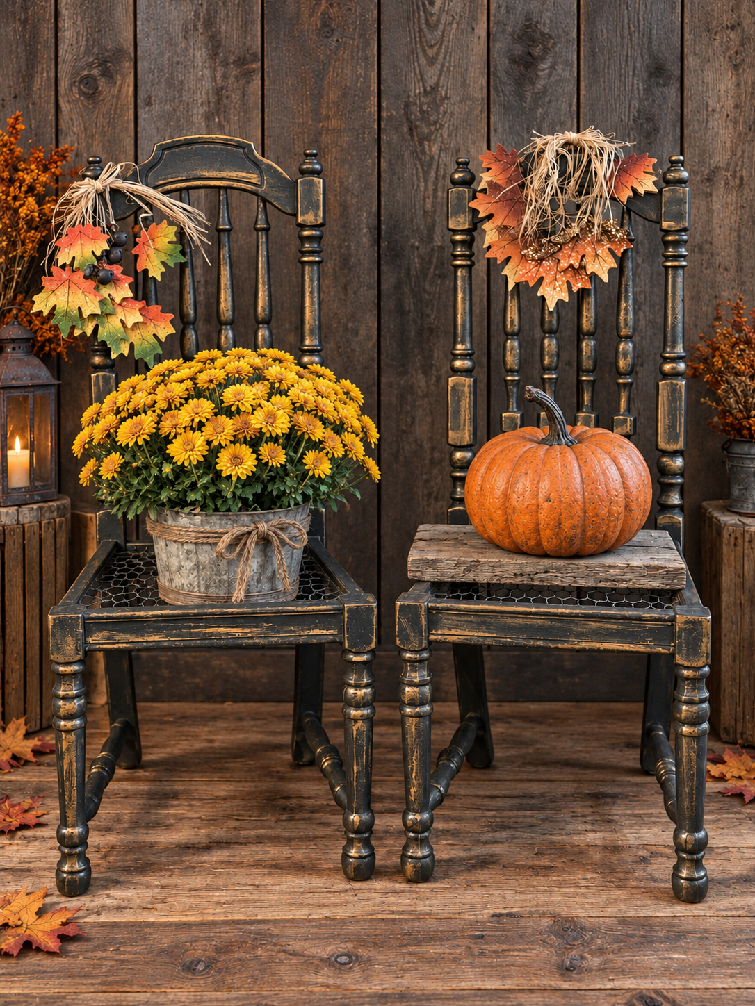 Once forgotten, these vintage chairs were renewed with Annie Sloan Honfleur Chalk Paint, black wax, and warm gold gilding. Richly weathered and dressed for autumn, they’re perfect for a covered porch or a storied corner of the home.
