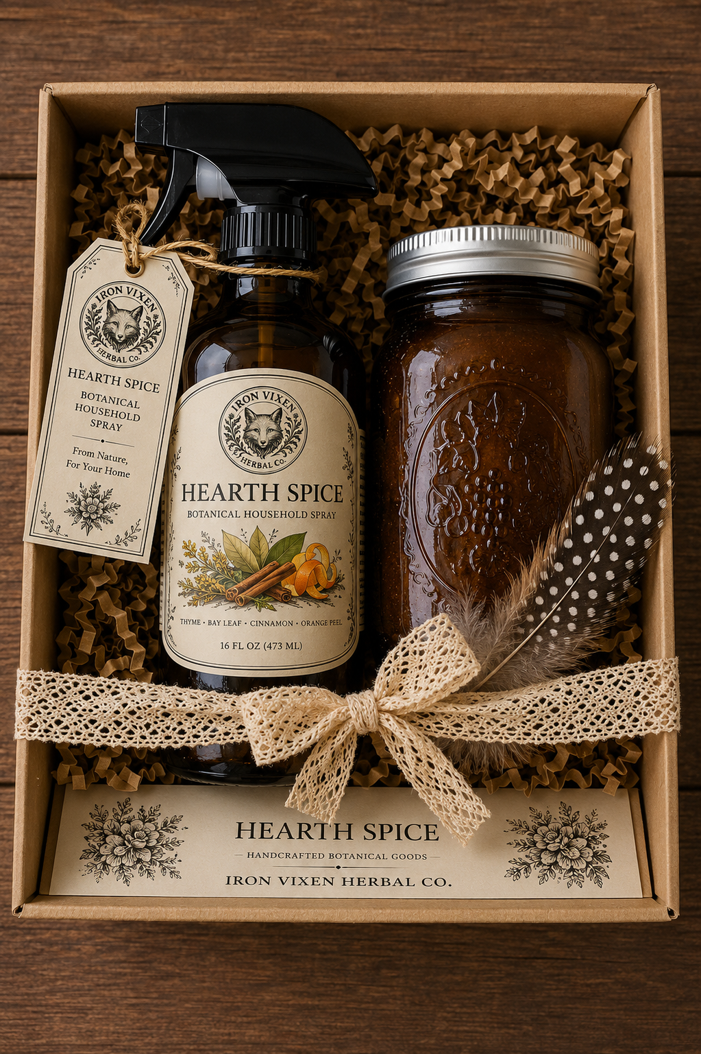 A handcrafted botanical household infusion kit featuring thyme, bay leaf, cinnamon, and orange peel. Complete with an amber jar, spray bottle, and instruction guide for creating your own traditional household infusion. 🌿🍊✨