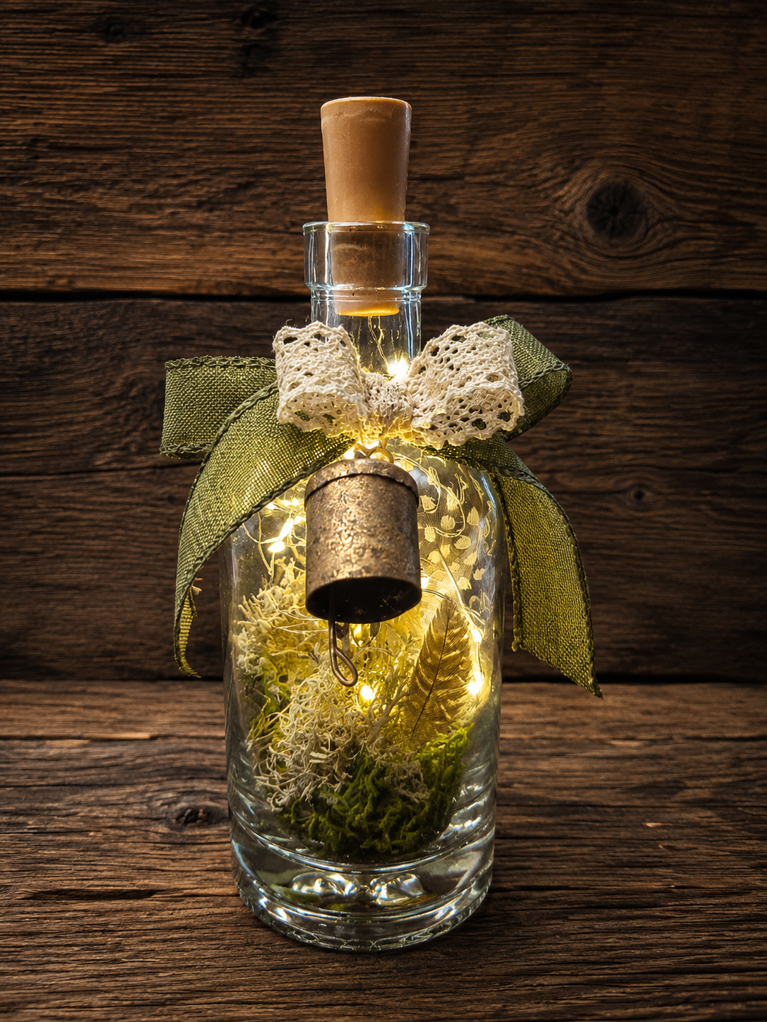 The Foxfire Bell

A tiny woodland light captured in glass. The Foxfire Bell combines glowing fairy lights, moss, a fallen feather, vintage lace and a small weathered bell—an old symbol said to ward away ill fortune and call good things home. A little