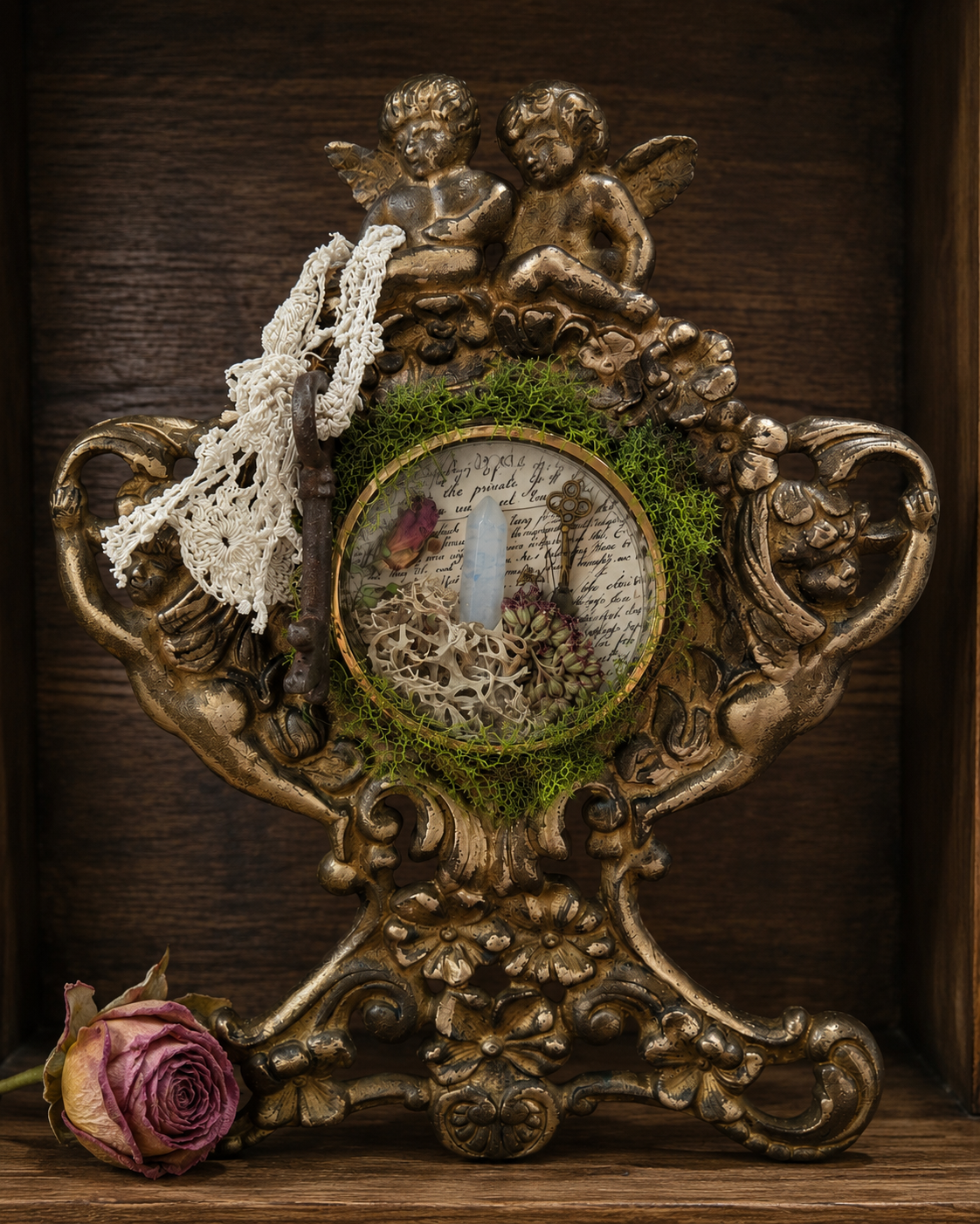 The Keepers of the Lost Passage

An aged reliquary of moss, dried botanicals, forgotten parchment and a small crystal tower, watched over by two silent Keepers. Legend holds that the fragment within contains a clue to the Fountain of Youth, though no