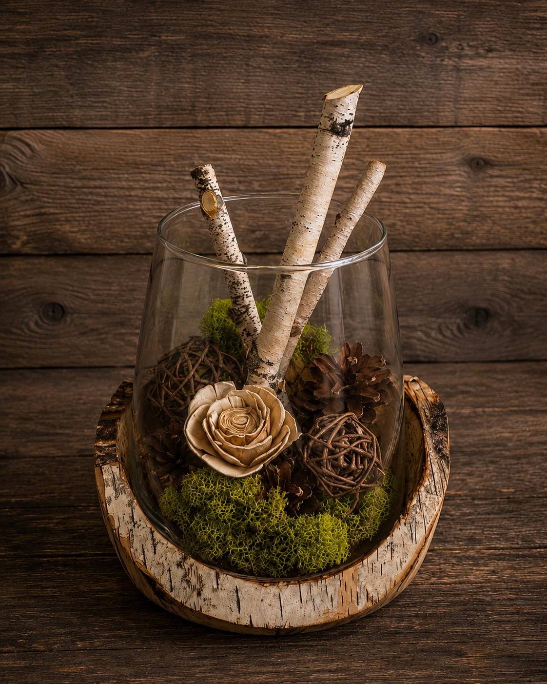 SOLD — Into the Woods

A woodland art piece inspired by the quiet beauty of the forest. Birch branches rise from a bed of moss, pinecones, woven natural elements, and a delicate wood rose, all gathered beneath glass and set into a rustic birch base.
