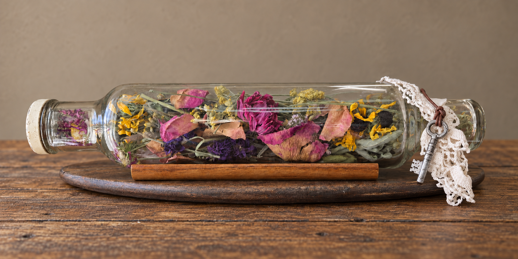 Gathered Summer

Once filled with ice to keep pastry dough cool, this antique glass rolling pin now holds dried garden flowers, rose petals, quartz, and a tiny bottle of copper. Finished with old lace and a weathered key, it captures a little piece o