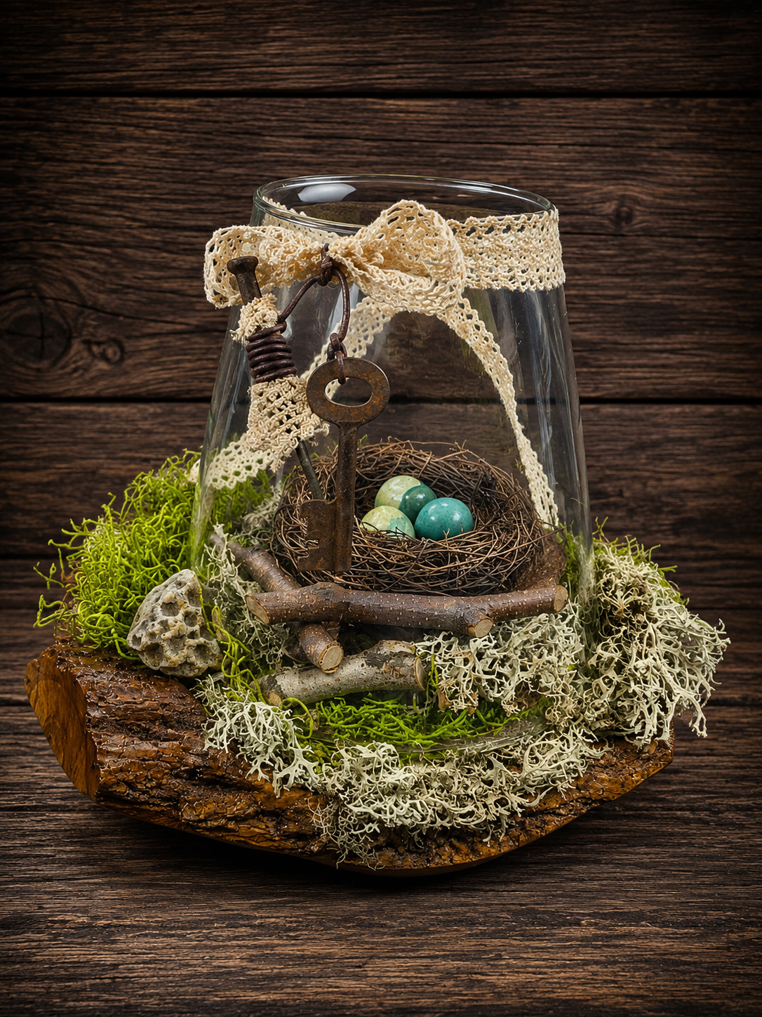 The Keeper’s Nest

A woodland art piece built around the quiet magic of things found and kept. Beneath old lace, an antique key and weathered iron nail stand watch over a tiny nest holding three stone crystals, surrounded by moss, lichen, fallen bran