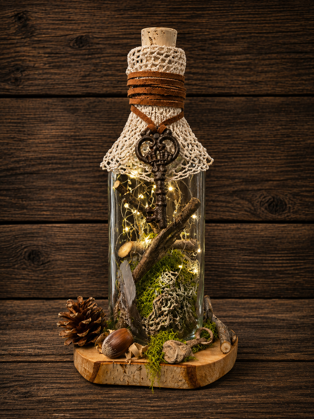 SOLD - The Forgotten Forest 🌲🔑✨

A one-of-a-kind piece of lighted woodland art, The Forgotten Forest captures a tiny world reclaimed by nature. Moss, weathered wood, forest findings, old lace, and a feather surround a glowing strand of fairy lights