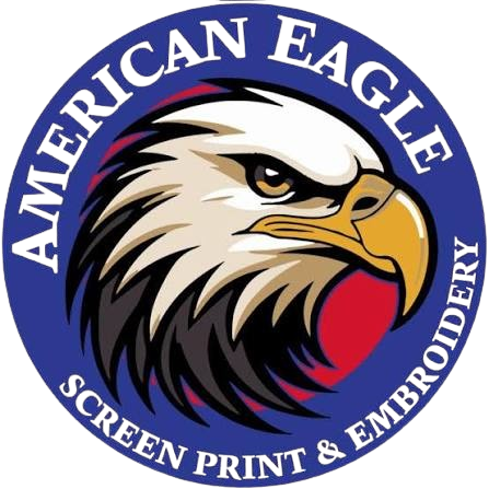 Logo of the American Eagle in a circular design with a stylized eagle head in the center, surrounded by the words 'American Eagle' at the top and 'Screen Print & Embroidery' at the bottom.