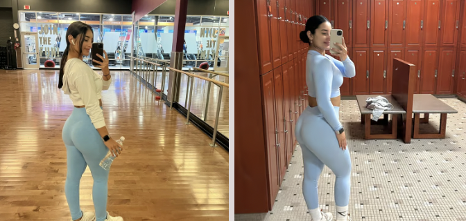 A woman taking selfies in a gym locker room and in a dance studio, wearing light blue leggings and a matching crop top.