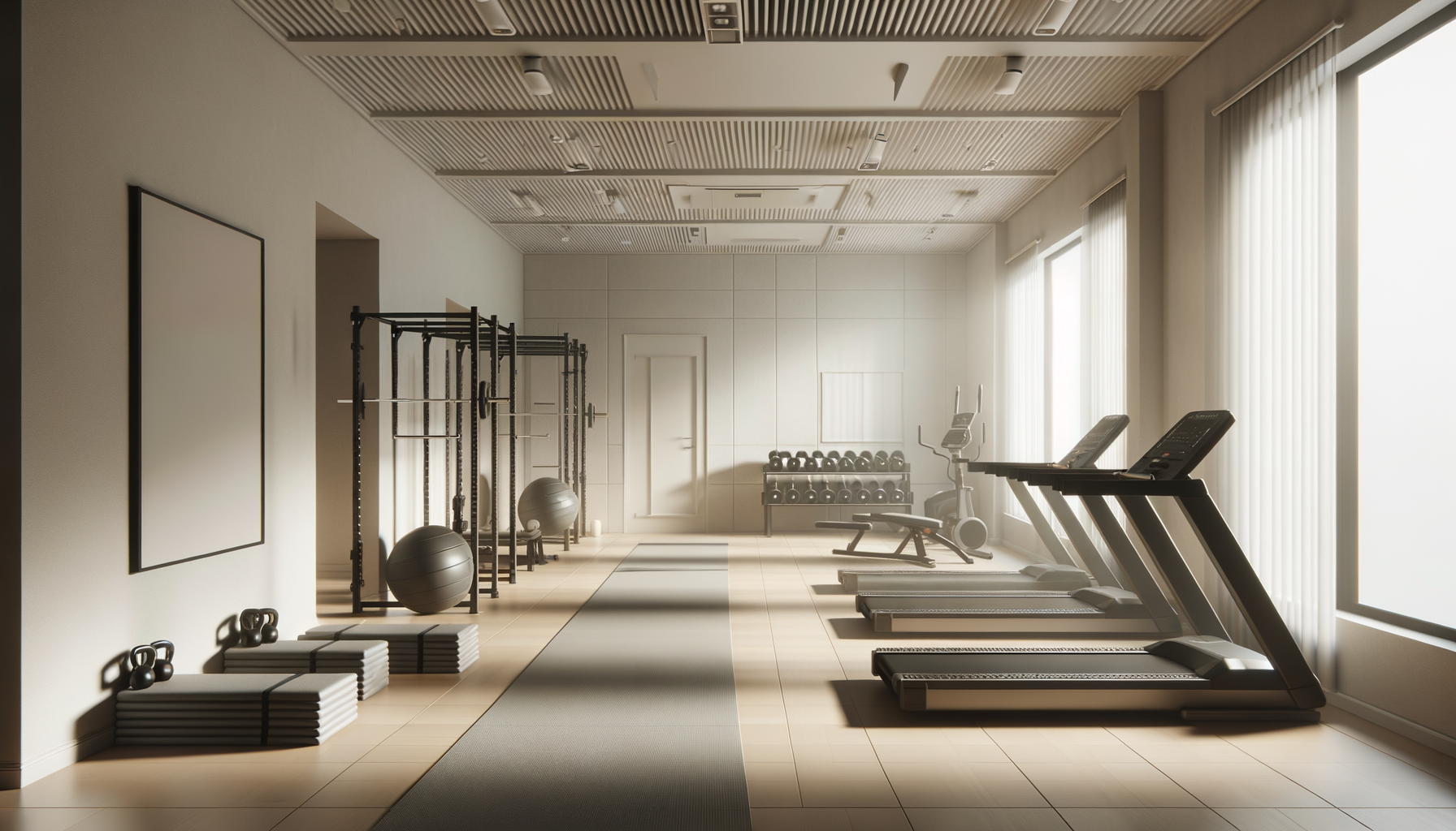 A modern, well-lit gym with various exercise equipment including treadmills, a rowing machine, dumbbells, kettlebells, medicine balls, and weight racks.