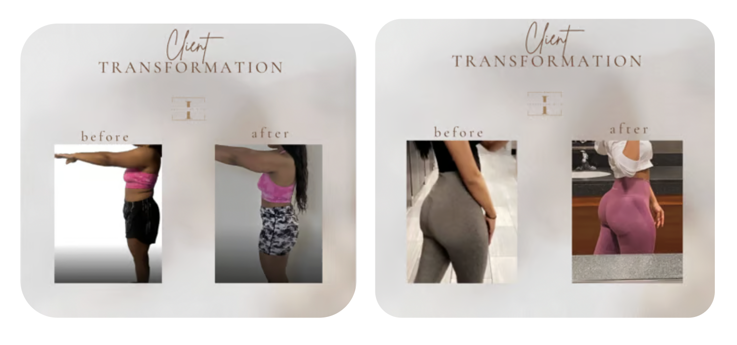 Before and after photos of women showing body transformation. The left set shows woman with flat stomach before and more toned stomach after, both wearing pink workout clothes. The right set shows woman with flatter back and more curvy hips before and more toned and sculpted buttocks after, both wearing workout clothes.