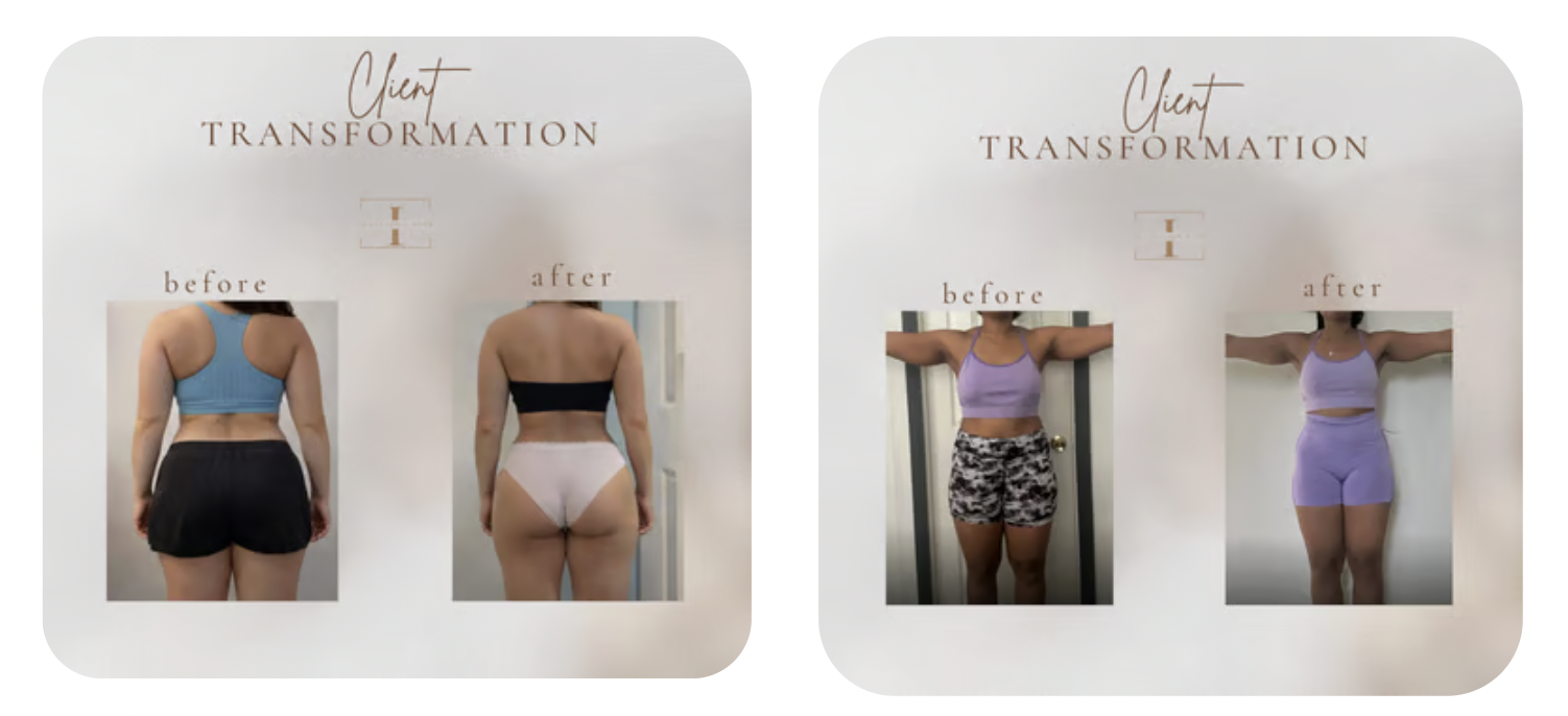 Side-by-side comparison of before and after photos of two women, highlighting body transformation. The woman on the left is shown from the back in workout clothes, with the 'before' photo on the left and the 'after' photo on the right. The woman on the right is also shown from the back, with similar 'before' and 'after' images in workout clothes, indicating physical changes.