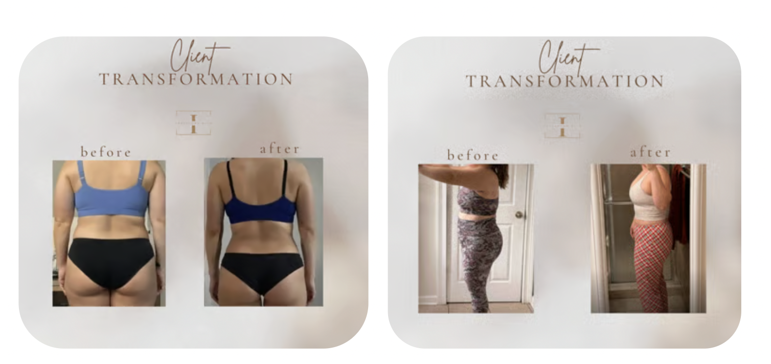 Comparison of before and after photos showing body transformation for two women, with the left side showing a woman in a blue bra and black bottoms before and a woman in a dark bra and bottoms after, and the right side showing a woman in wellness wear before and after, emphasizing physical transformation.