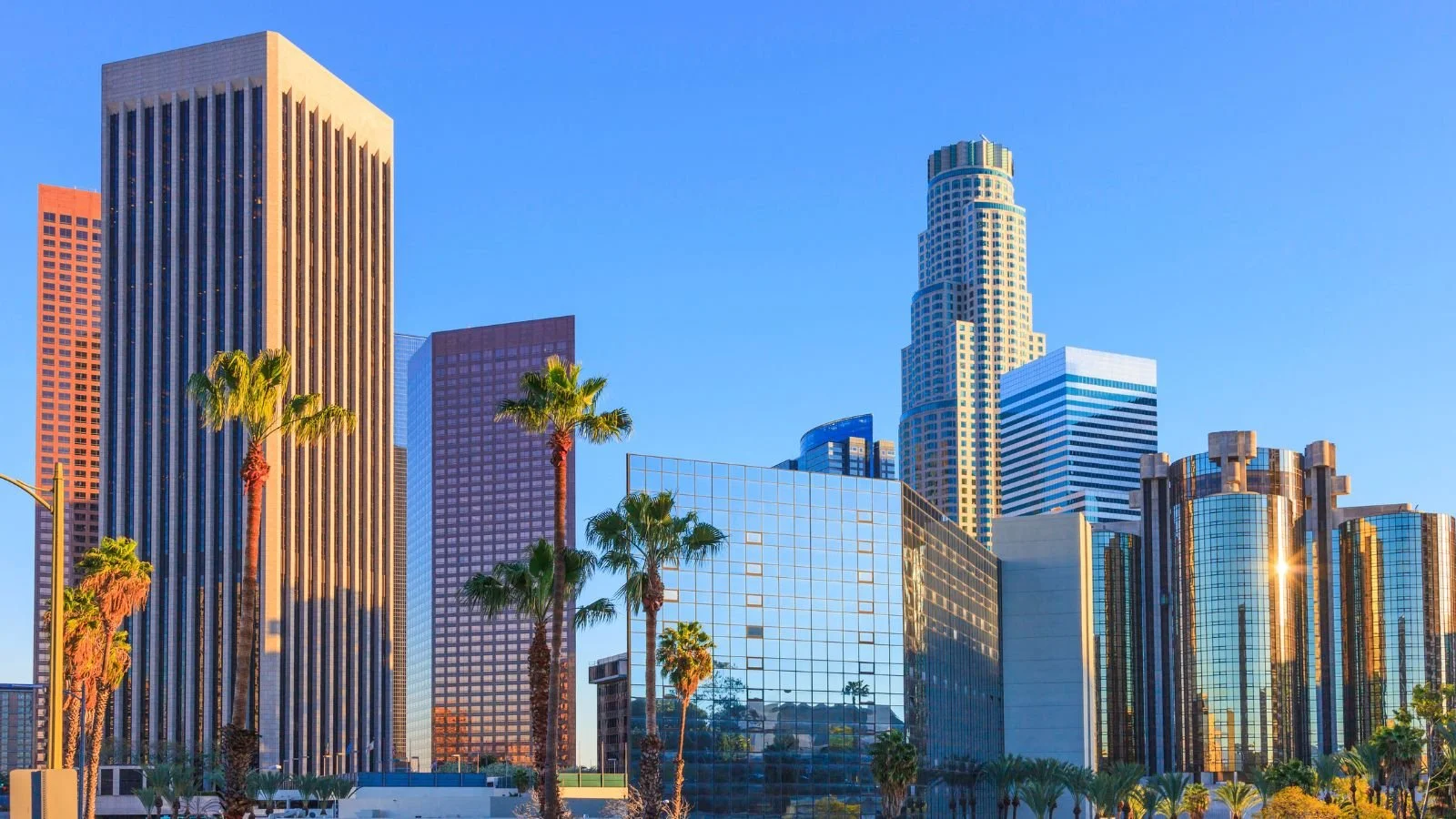 Skyscrapers and office buildings in downtown Los Angeles with palm trees in the foreground, under a clear blue sky.