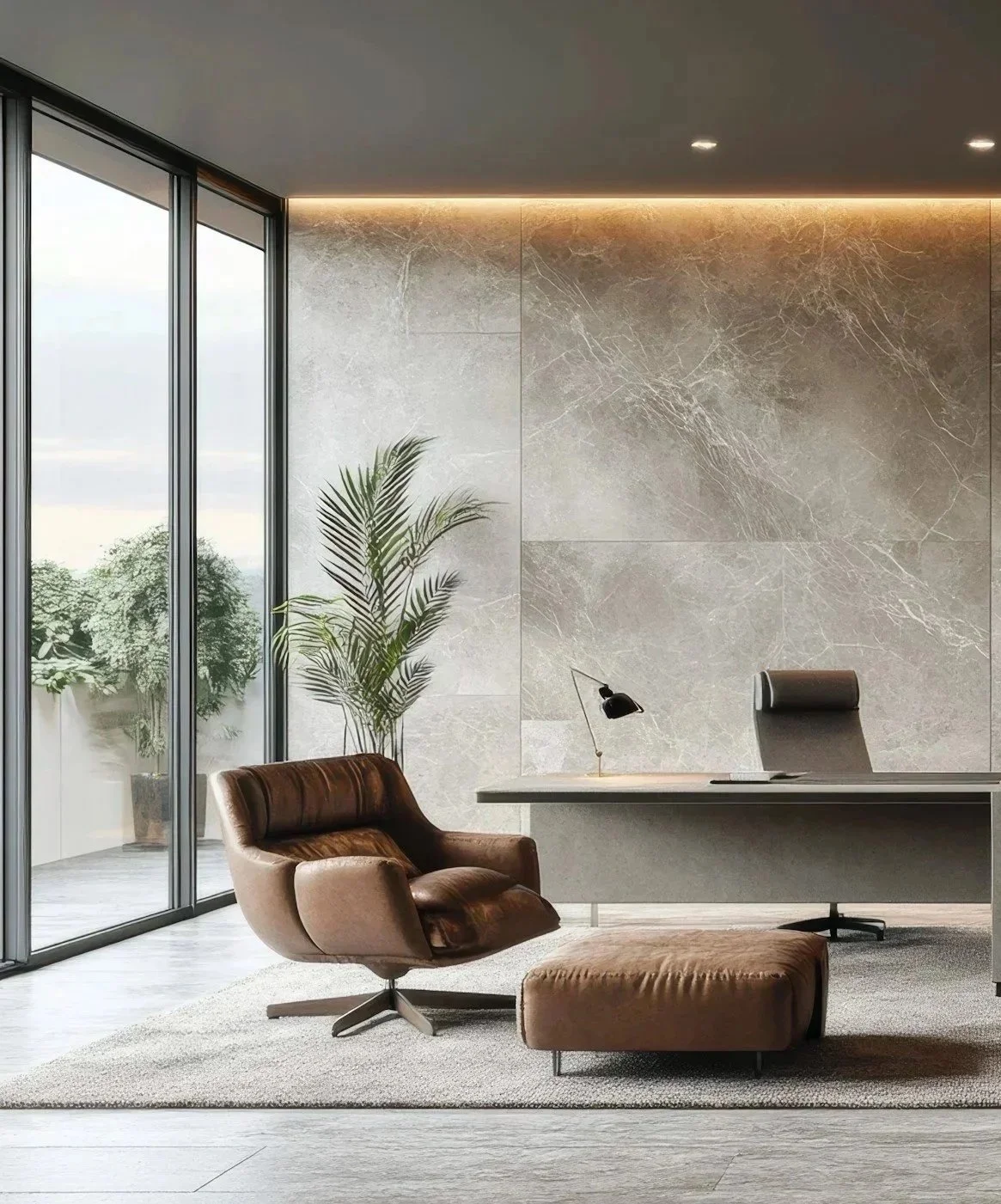 Modern office interior with a brown accent chair, a matching ottoman, a sleek desk with a black lamp, a large marble wall, tall floor-to-ceiling glass windows, and a potted plant.