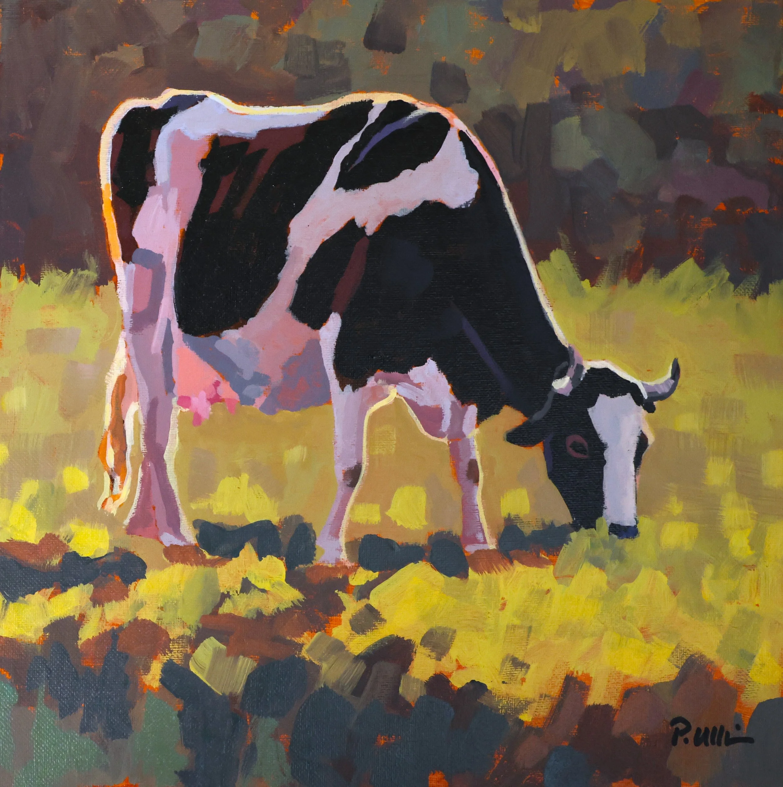 A colorful painting of a dog, possibly a Great Dane, sitting outdoors on grass with a blurred background of trees and bushes. The painting uses vibrant brushstrokes and an impressionistic style.