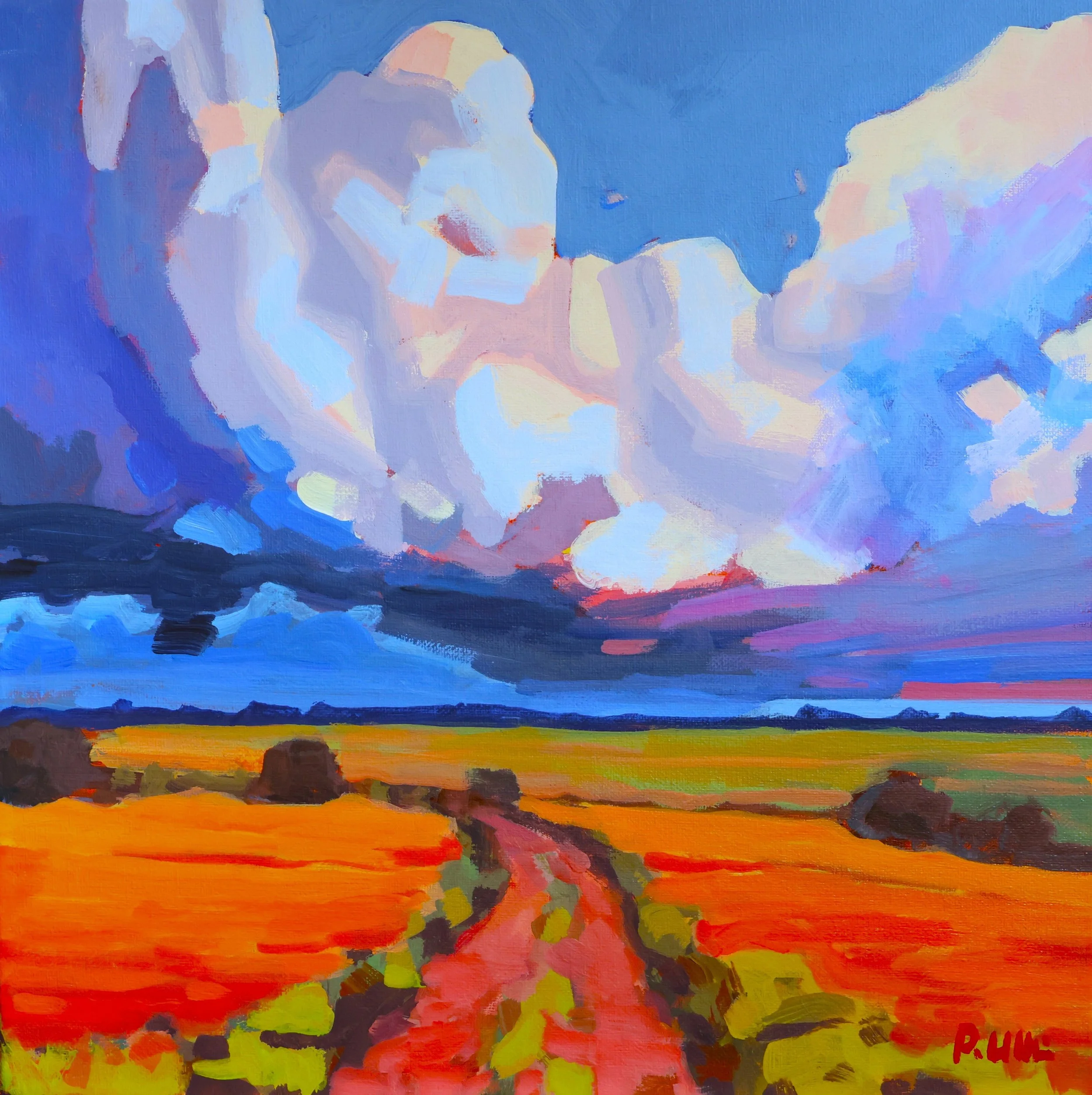 A colorful, abstract painting of a dog walking along a landscape at sunset, with vibrant orange, yellow, purple, and blue hues.