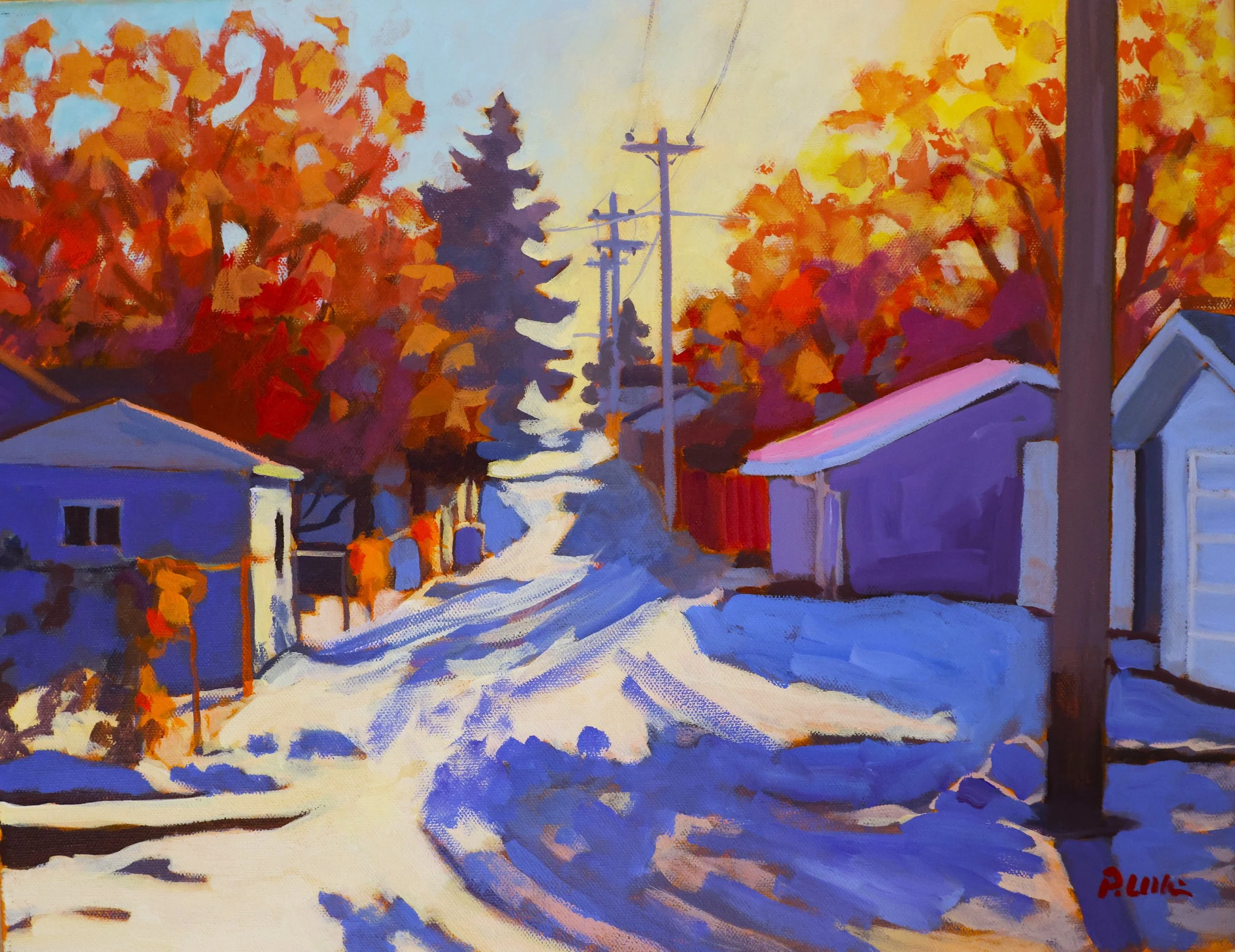 An autumn scene painted in an impressionist style showing trees with orange and yellow leaves, a street with houses, and utility poles with power lines at sunset or sunrise.