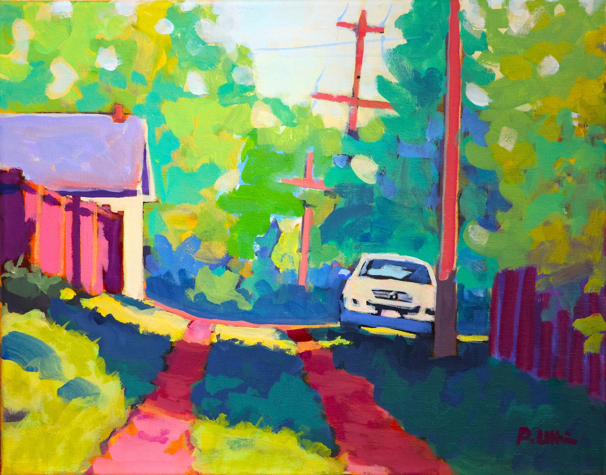 A colorful painting depicting a street scene with trees, a power pole, and a car, using vibrant and abstract brush strokes.