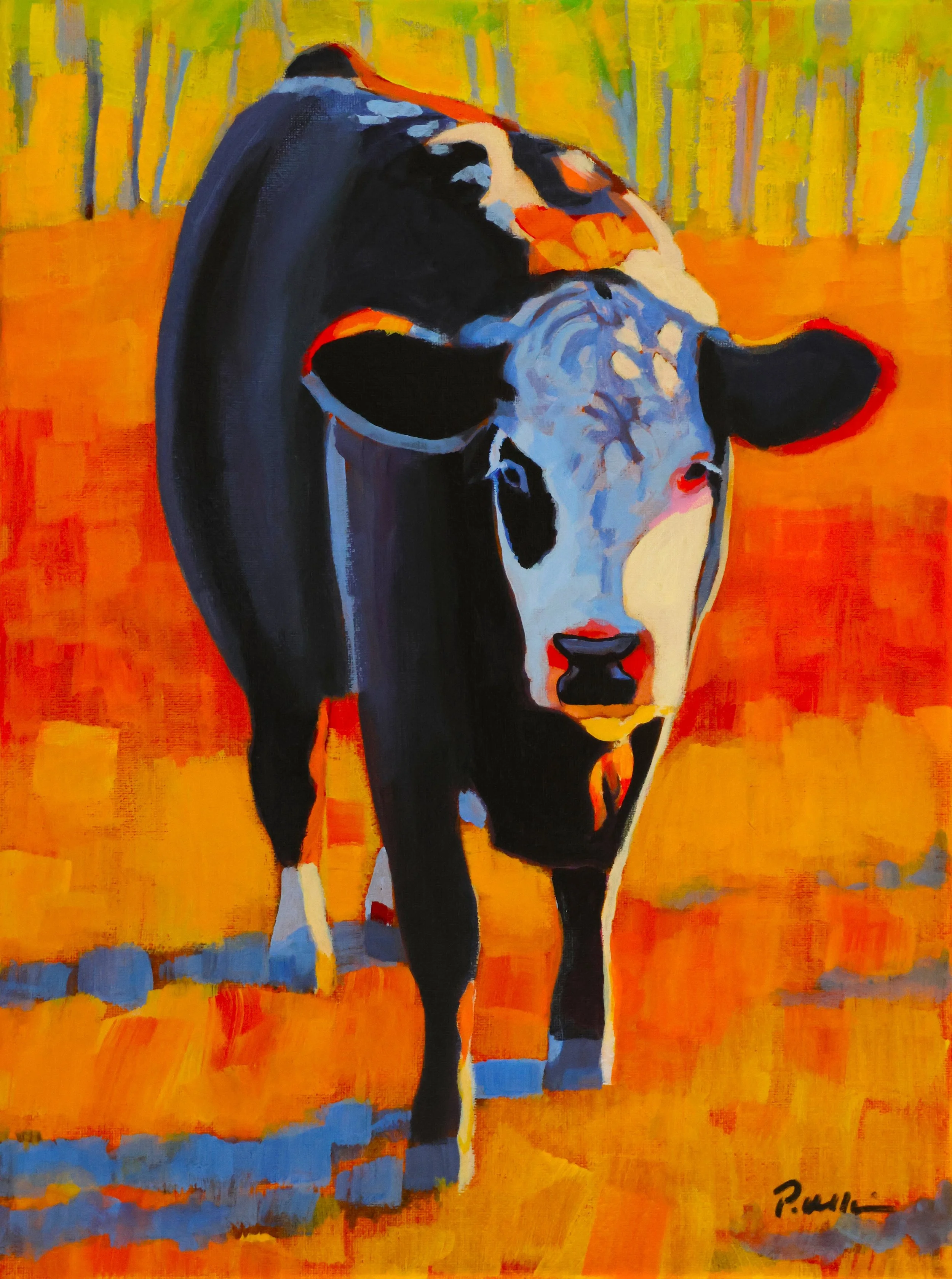Colorful painting of a cow standing on a vibrant orange and yellow background, with green and grey accents, signed by the artist in the lower right corner.
