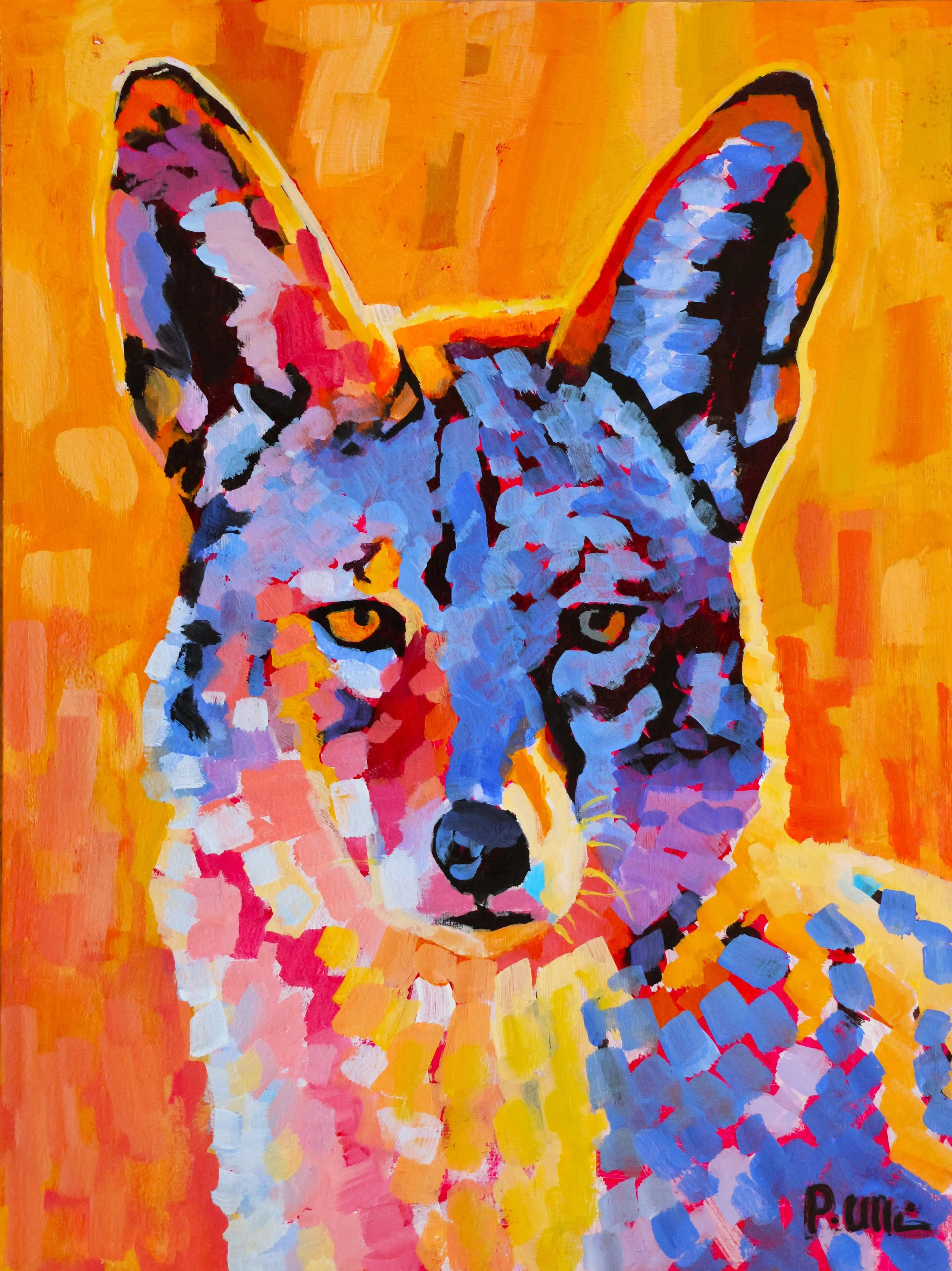 An abstract painting of a leopard's face and upper body with colorful brushstrokes, primarily in shades of blue, pink, purple, yellow, orange, and black, set against an orange background.