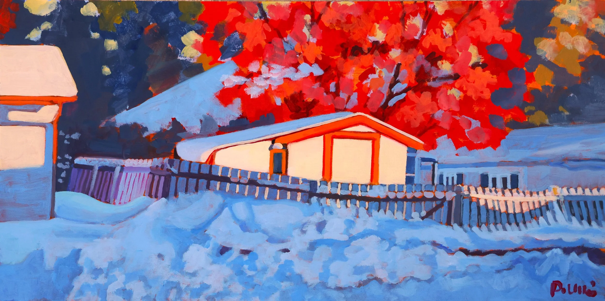 A colorful painting of a snow-covered landscape with a small house featuring a yellow wall and orange trim. A large tree with red autumn leaves stands behind the house. A wooden fence runs along the scene, and a lamp post is nearby. The sky is painted in shades of blue and purple. The artist's signature is in red at the bottom right corner.