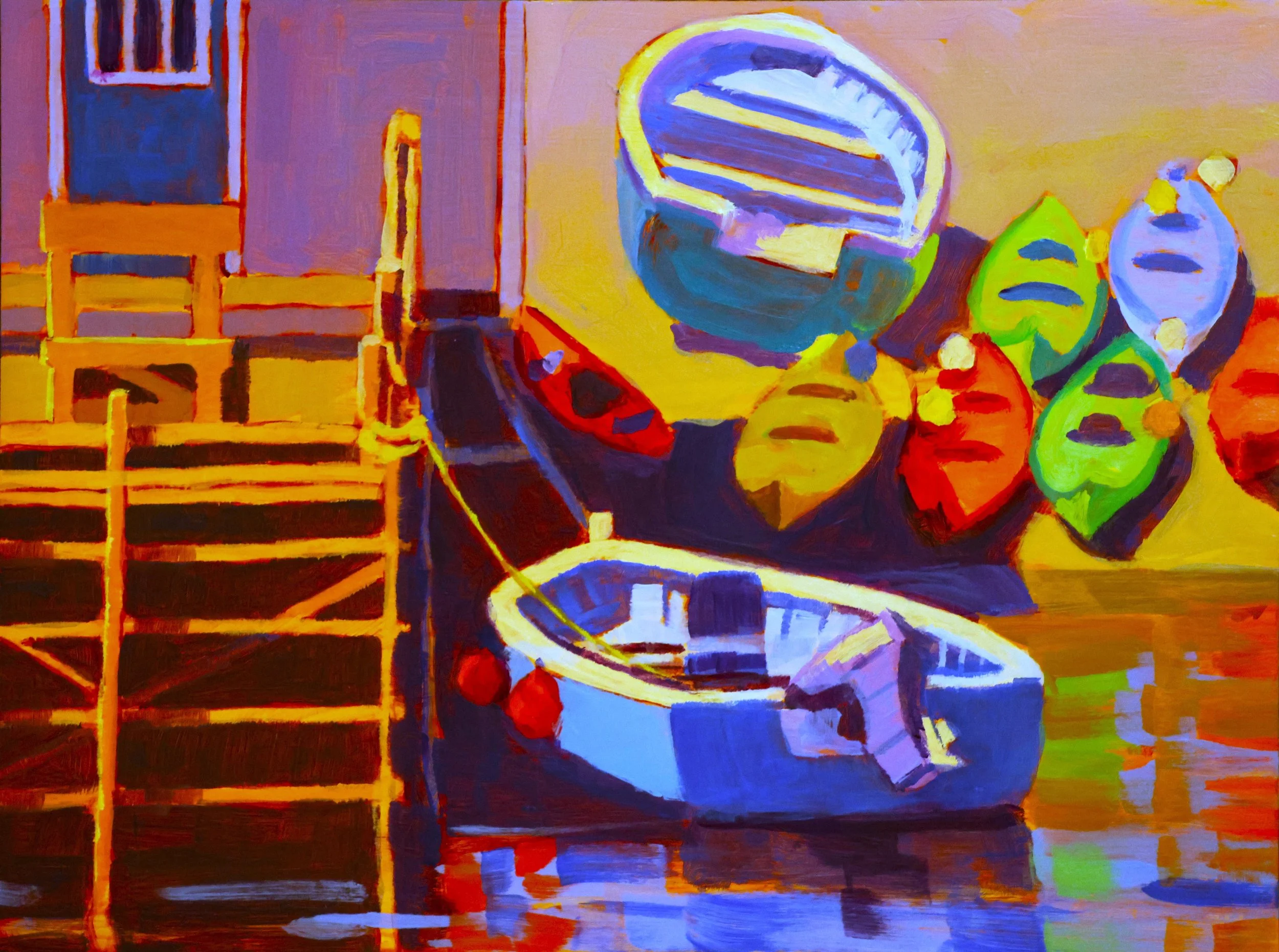 An abstract painting featuring a still life with a bowl of fruit, a crate, and two bottles, using vibrant colors and bold brushstrokes.