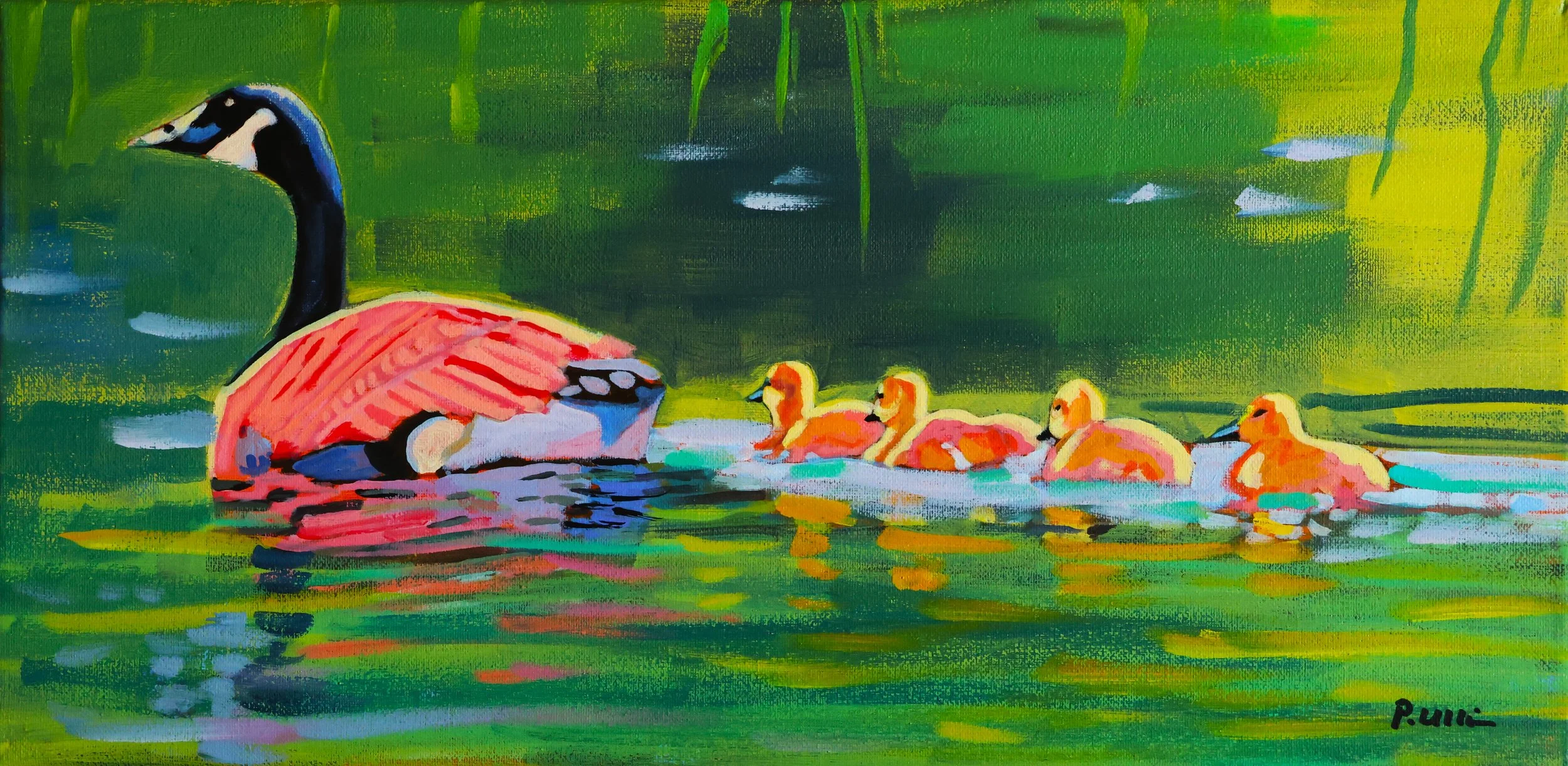 Painting of a mother duck with five ducklings in a pond with green reeds.