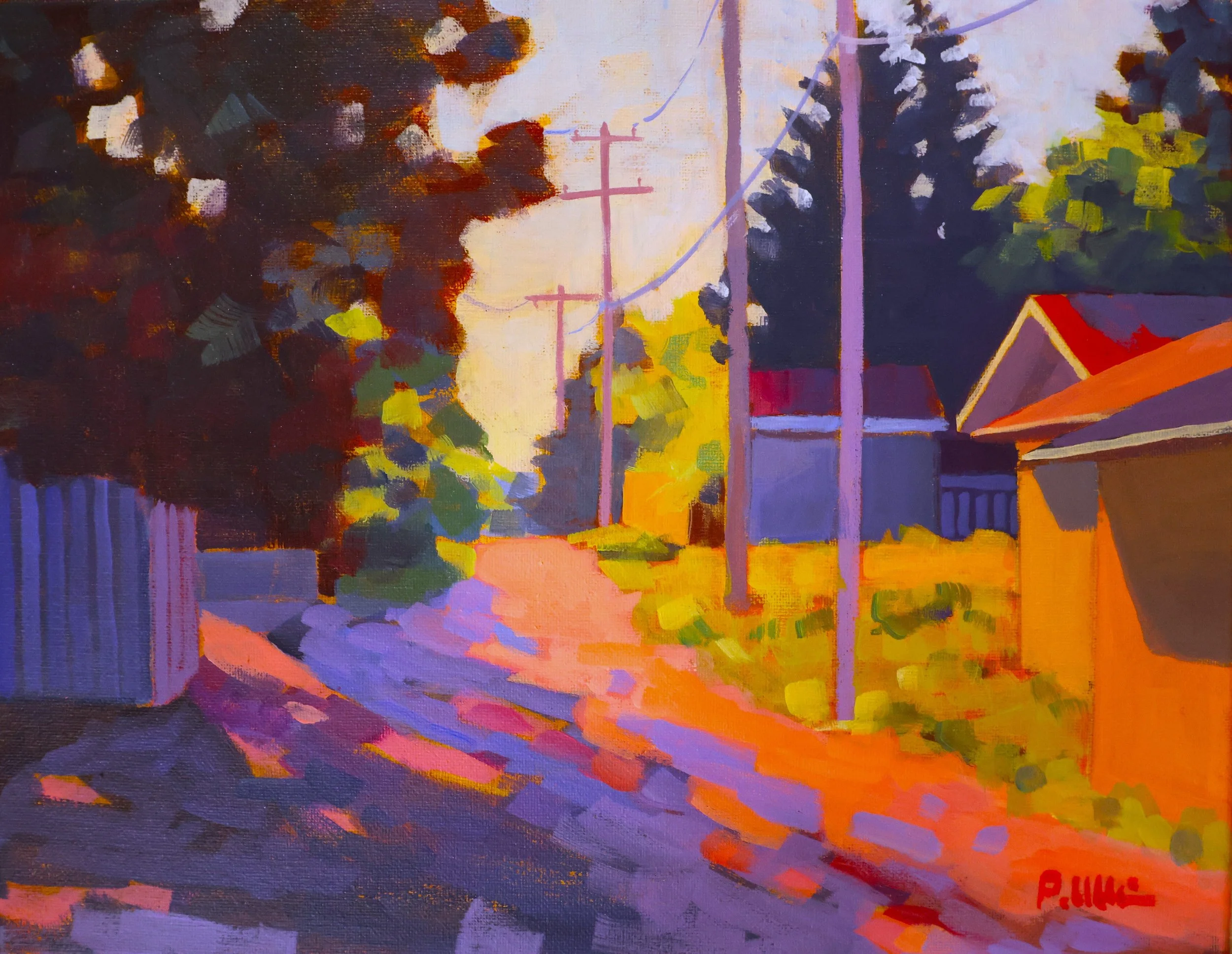 A colorful abstract painting with trees, power lines, and houses depicted using bold brushstrokes and vibrant colors.